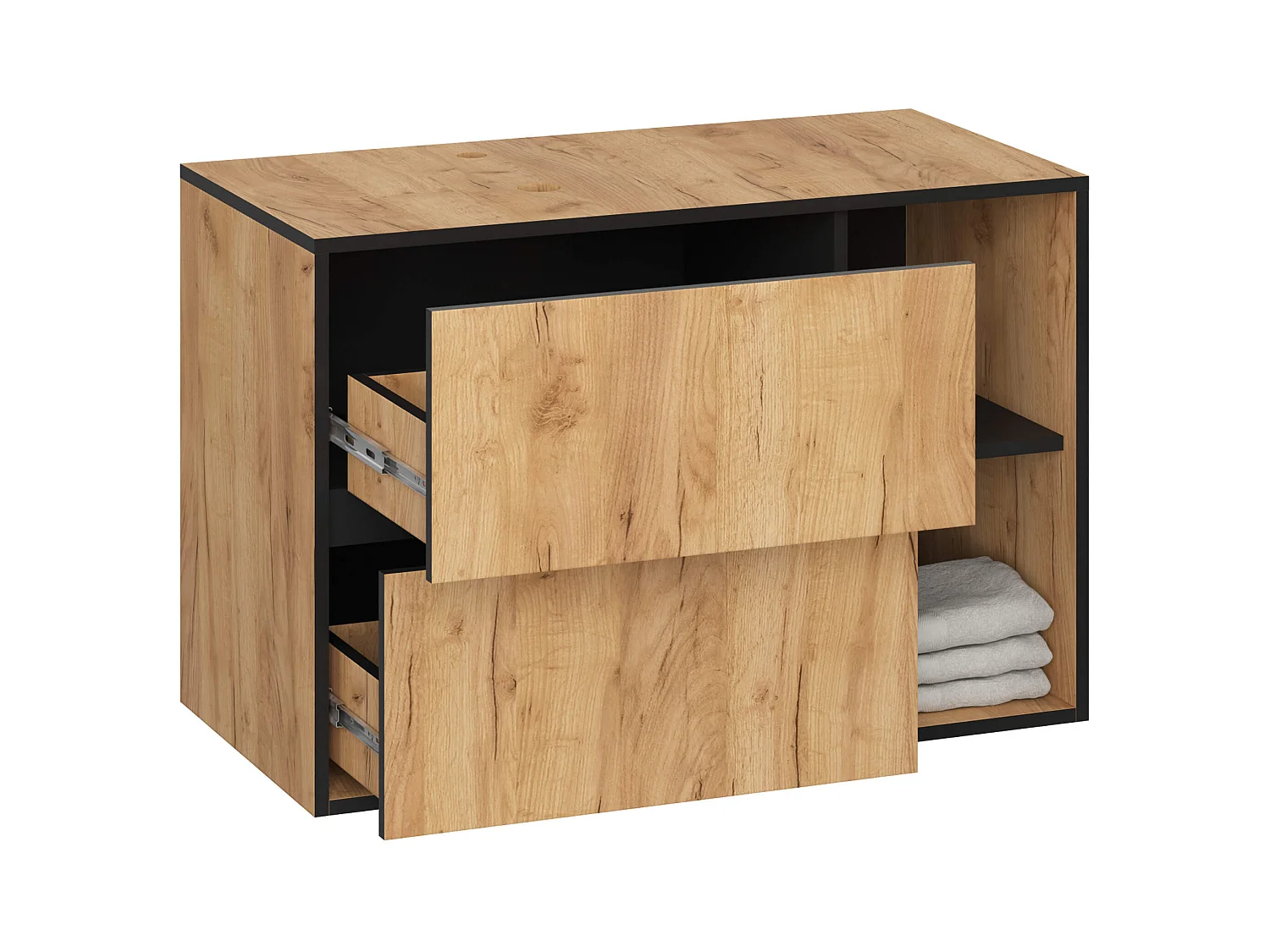 Meuble avec vasque à poser VAMI suspendu Chêne Craft 90 cm 2 tiroirs intérieur Noire 2 étagères 90x45,5x60 cm