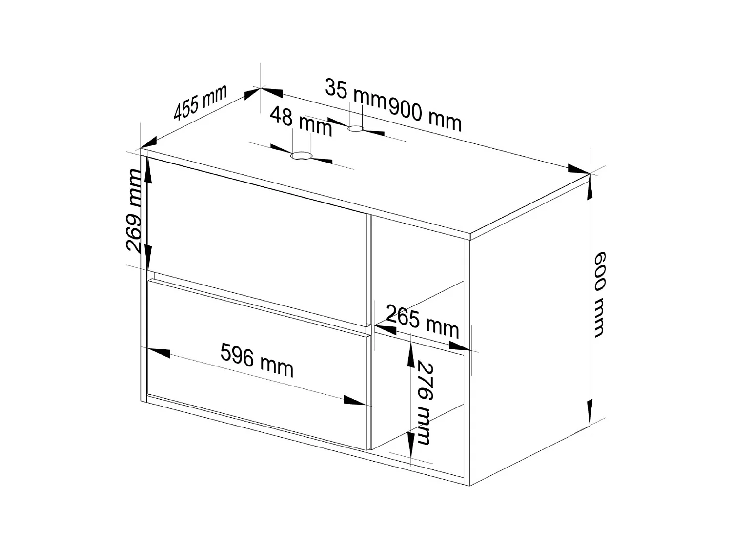 Meuble avec vasque à poser VAMI suspendu Chêne Craft 90 cm 2 tiroirs intérieur Noire 2 étagères 90x45,5x60 cm