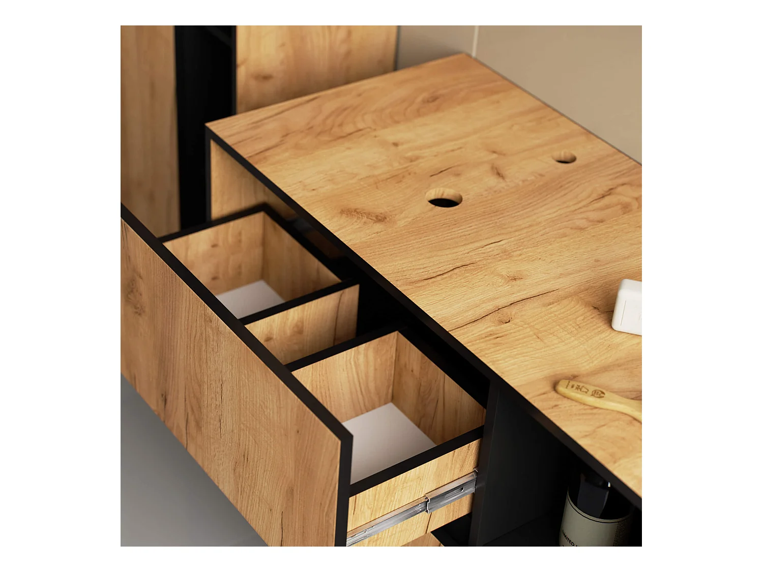 Meuble avec vasque à poser VAMI suspendu Chêne Craft 90 cm 2 tiroirs intérieur Noire 2 étagères 90x45,5x60 cm