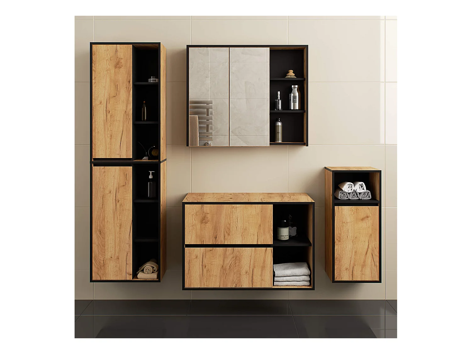 Meuble avec vasque à poser VAMI suspendu Chêne Craft 90 cm 2 tiroirs intérieur Noire 2 étagères 90x45,5x60 cm