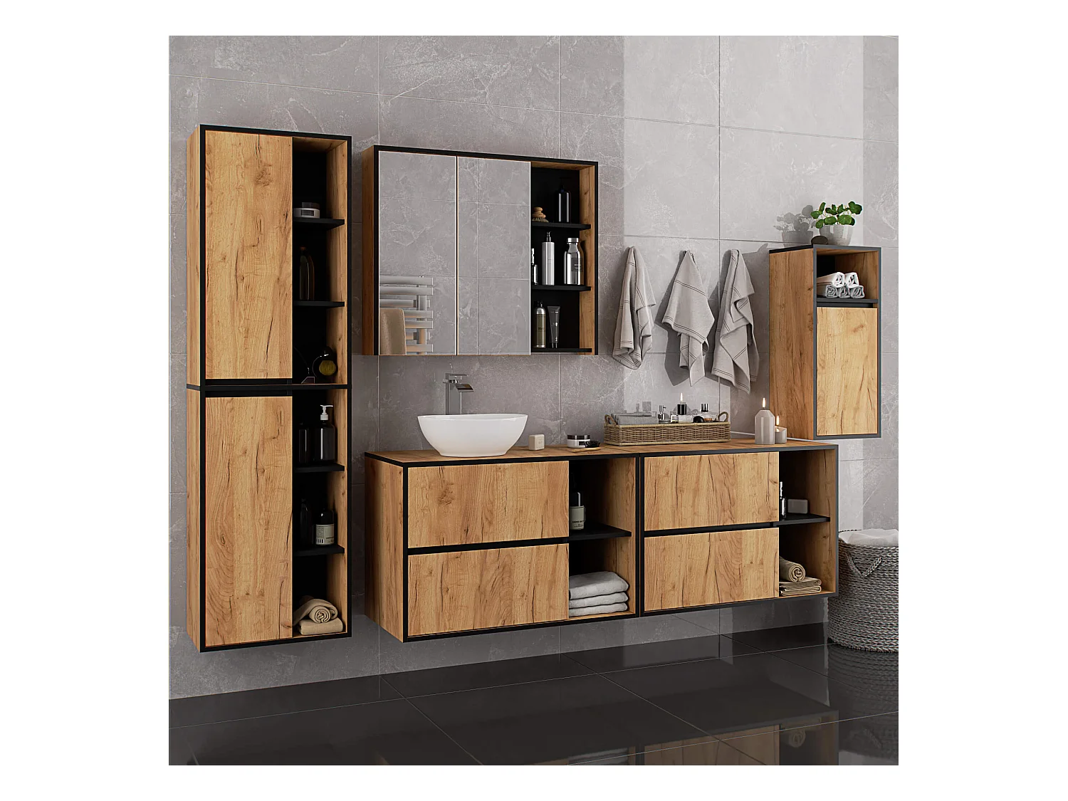 Meuble avec vasque à poser VAMI suspendu Chêne Craft 90 cm 2 tiroirs intérieur Noire 2 étagères 90x45,5x60 cm