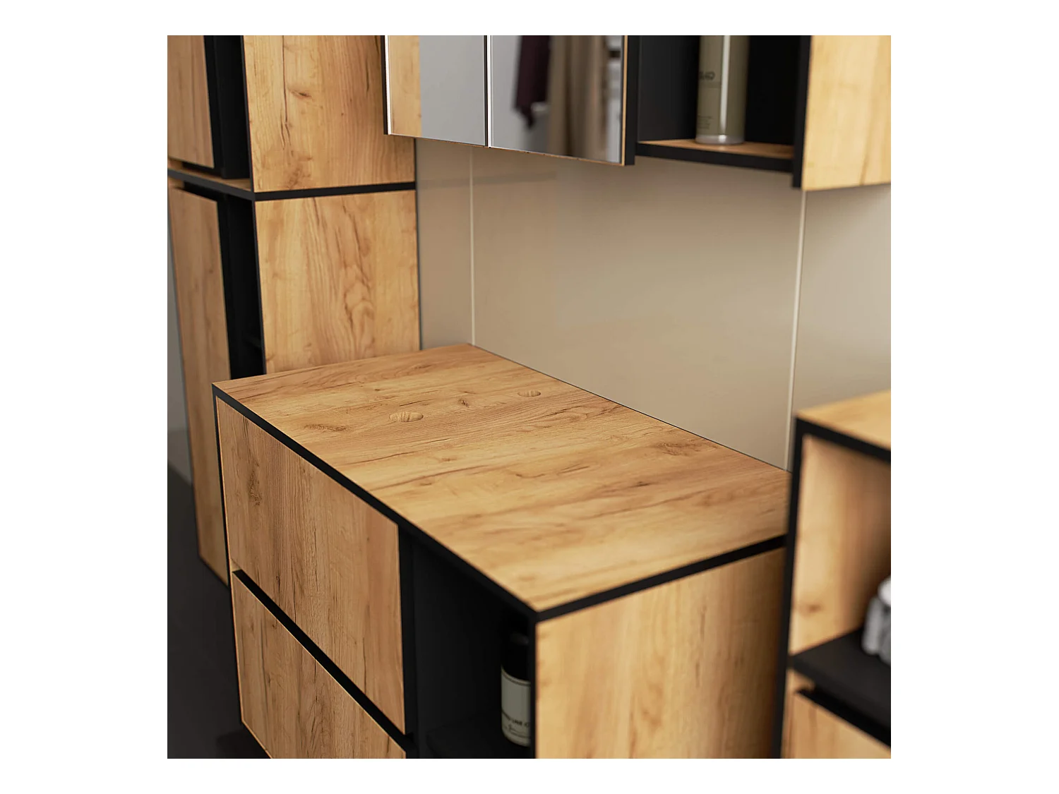 Meuble avec vasque à poser VAMI suspendu Chêne Craft 90 cm 2 tiroirs intérieur Noire 2 étagères 90x45,5x60 cm