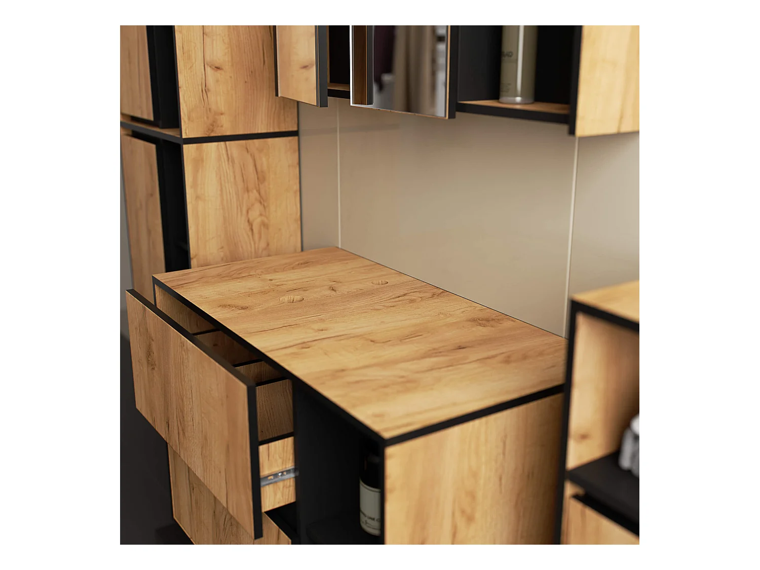 Meuble avec vasque à poser VAMI suspendu Chêne Craft 90 cm 2 tiroirs intérieur Noire 2 étagères 90x45,5x60 cm