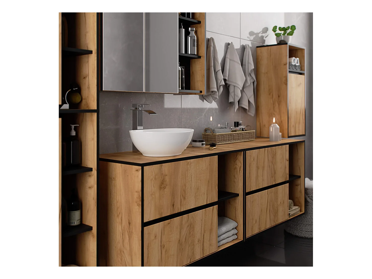 Meuble avec vasque à poser VAMI suspendu Chêne Craft 90 cm 2 tiroirs intérieur Noire 2 étagères 90x45,5x60 cm