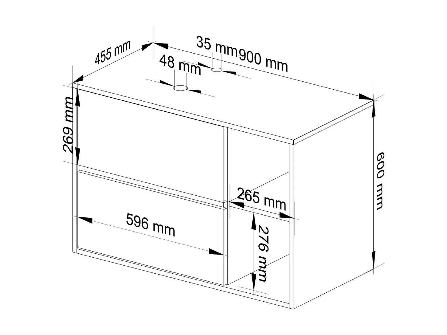 Meuble salle de bains VAMI sans vasque suspendu Chêne Craft et Noir 90 cm 2 tiroirs 2 étagères 90x45,5x60 cm