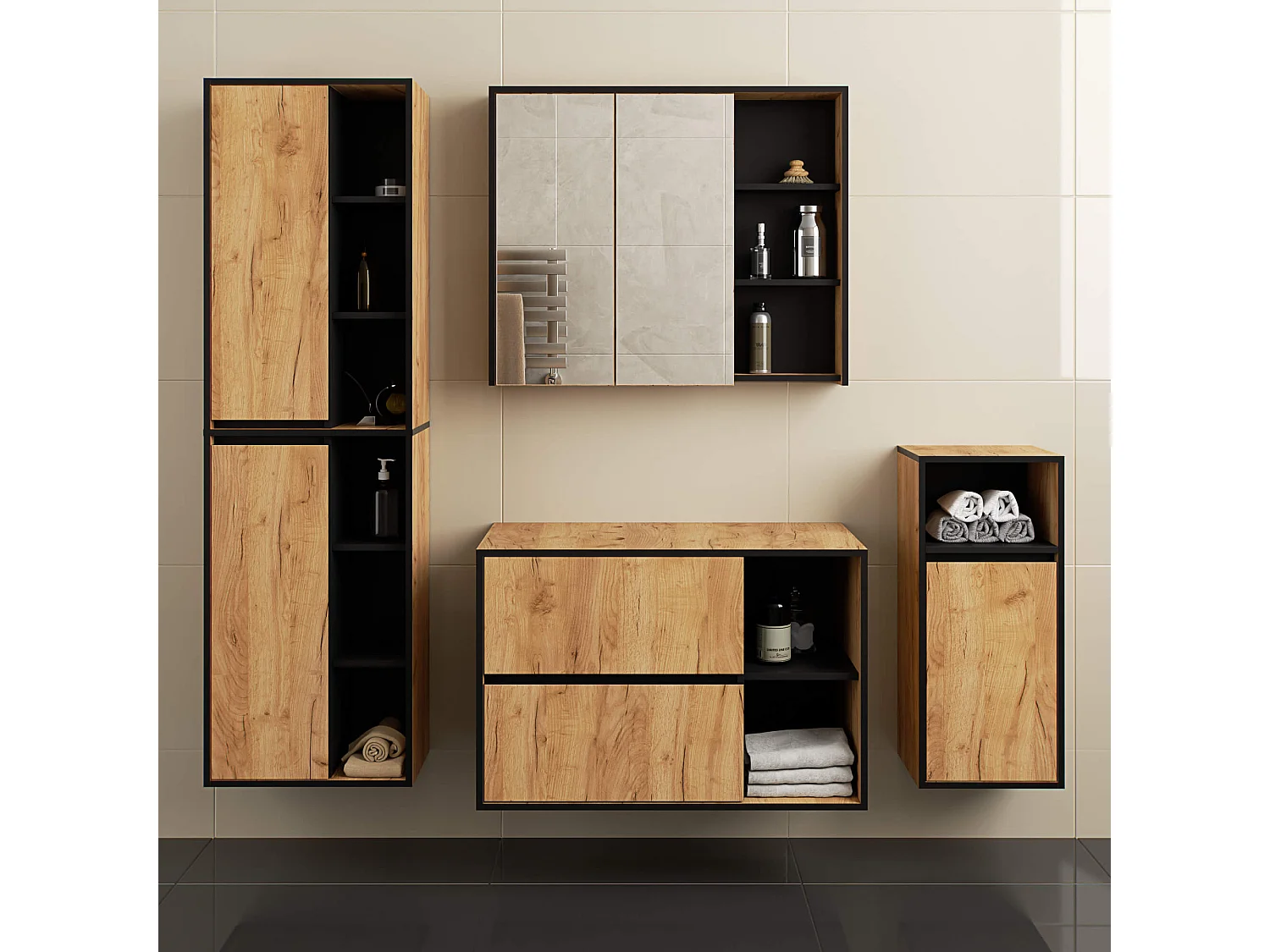 Meuble salle de bains VAMI sans vasque suspendu Chêne Craft et Noir 90 cm 2 tiroirs 2 étagères 90x45,5x60 cm