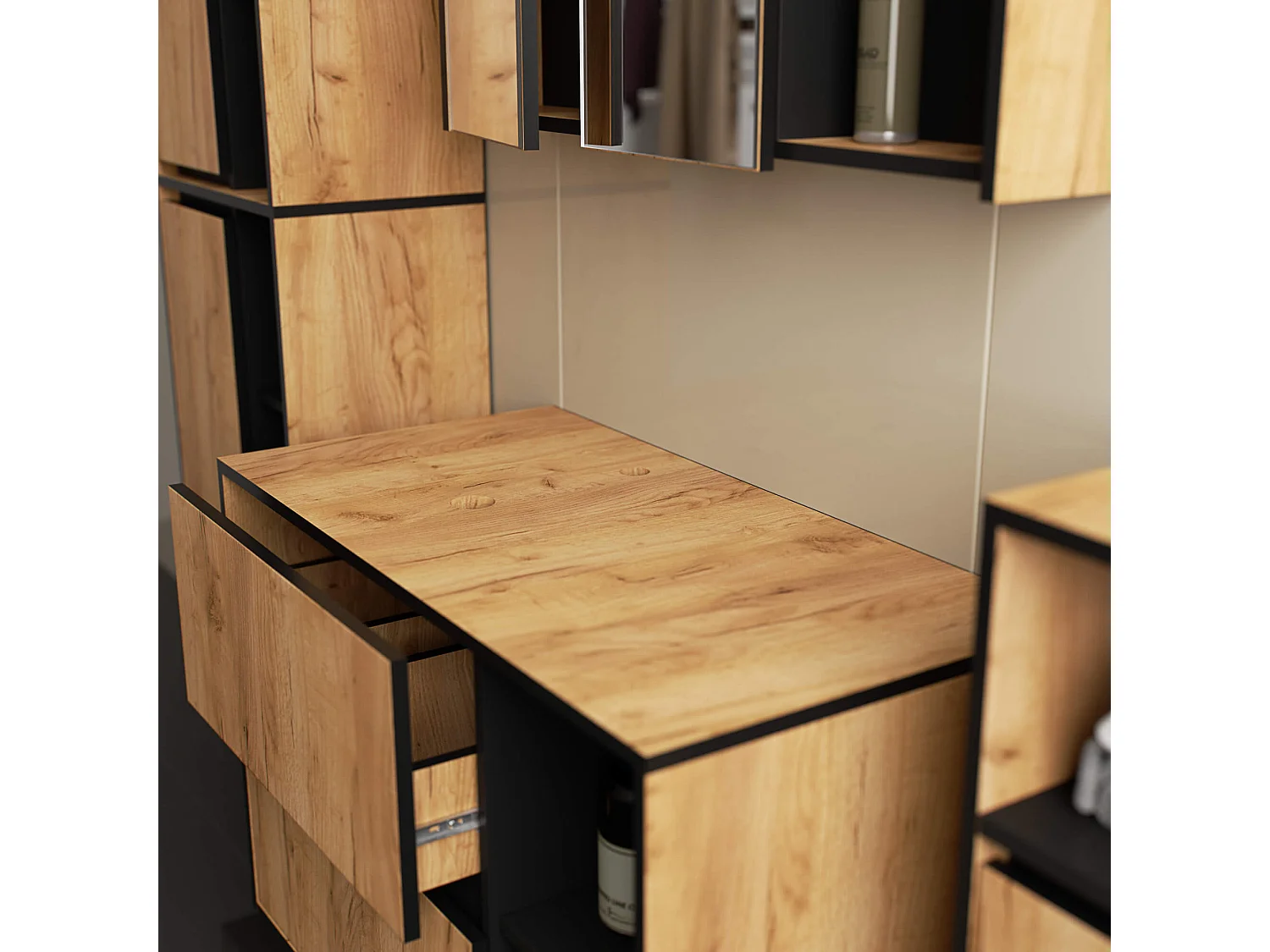 Meuble salle de bains VAMI sans vasque suspendu Chêne Craft et Noir 90 cm 2 tiroirs 2 étagères 90x45,5x60 cm