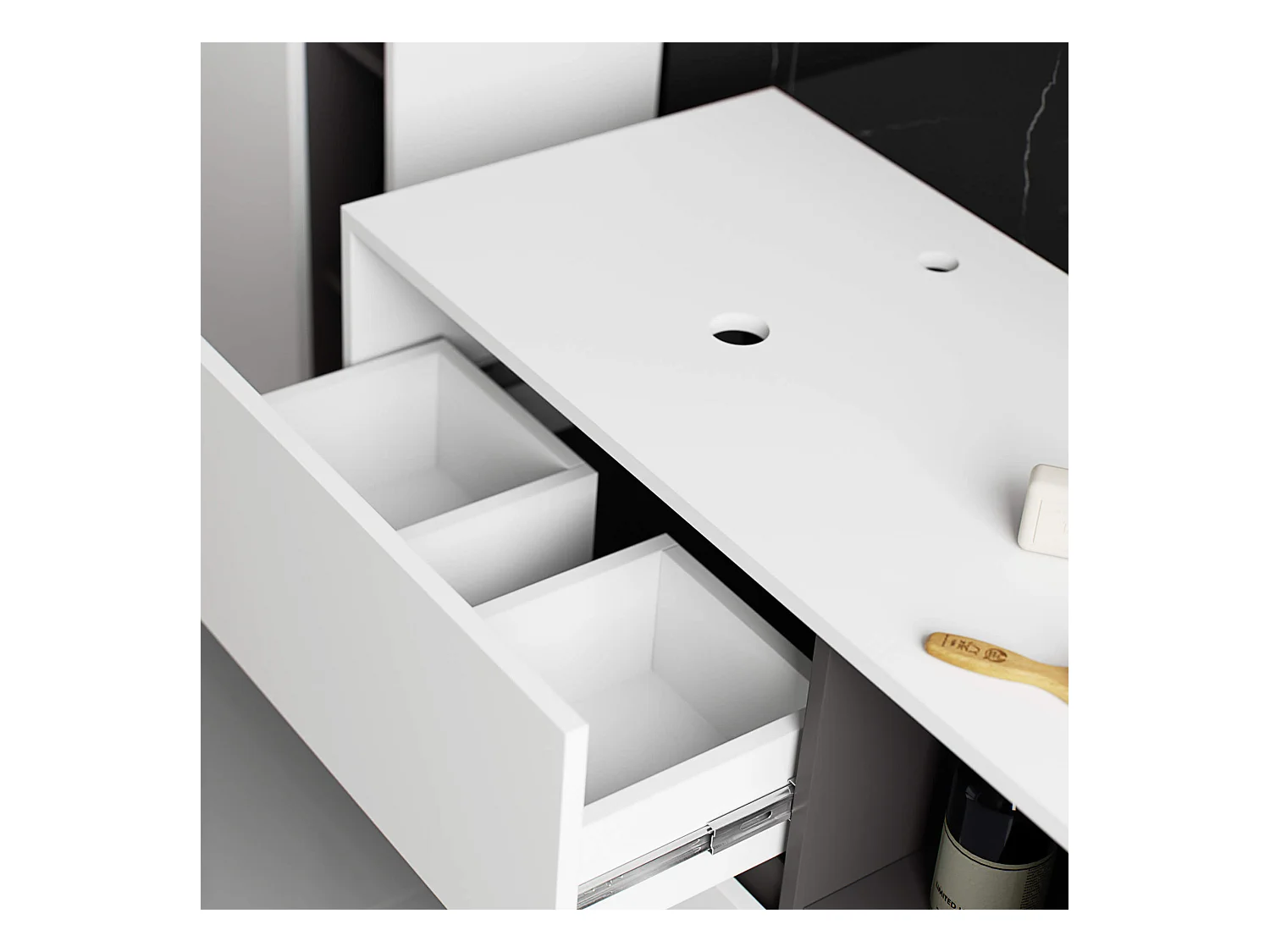 Meuble avec vasque à poser VAMI suspendu Blanche 90 cm 2 tiroirs intérieur Gris Graphite 2 étagères 90x45,5x60 cm