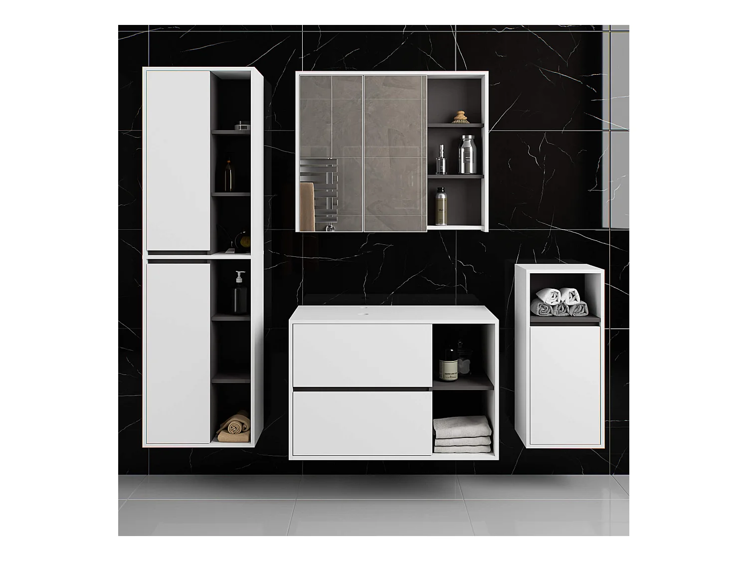 Meuble avec vasque à poser VAMI suspendu Blanche 90 cm 2 tiroirs intérieur Gris Graphite 2 étagères 90x45,5x60 cm