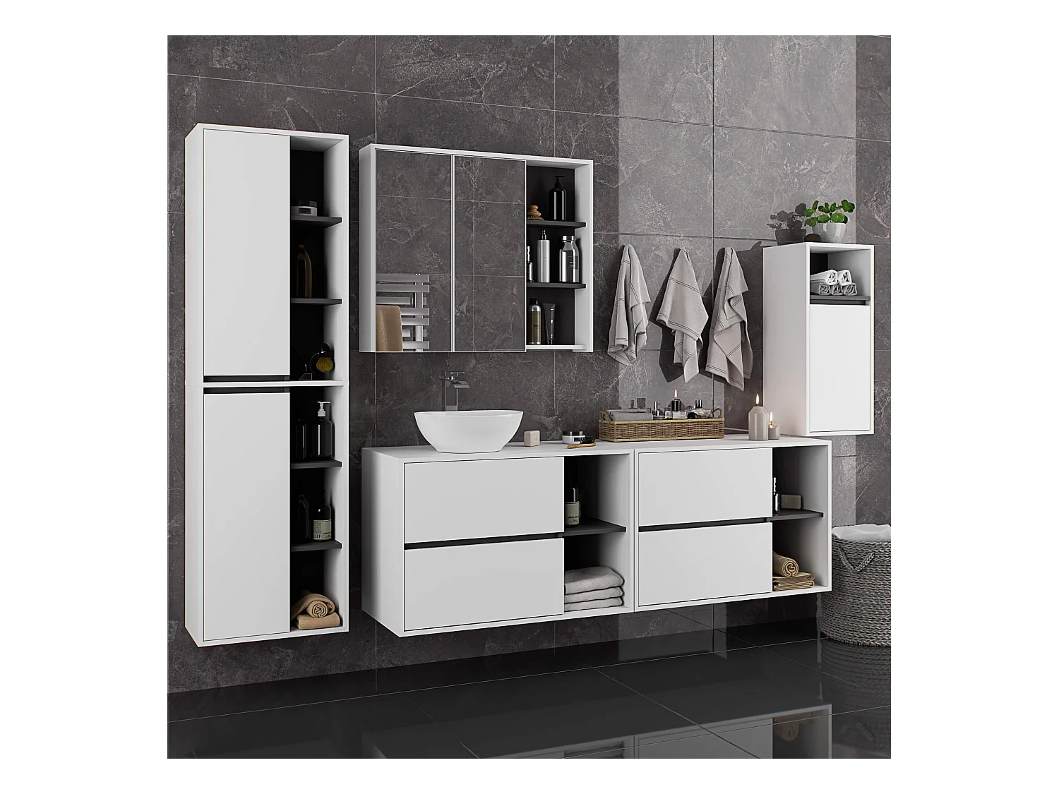 Meuble avec vasque à poser VAMI suspendu Blanche 90 cm 2 tiroirs intérieur Gris Graphite 2 étagères 90x45,5x60 cm