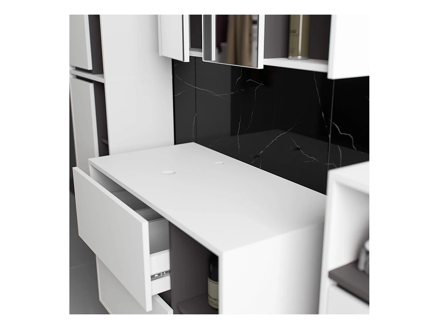 Meuble avec vasque à poser VAMI suspendu Blanche 90 cm 2 tiroirs intérieur Gris Graphite 2 étagères 90x45,5x60 cm