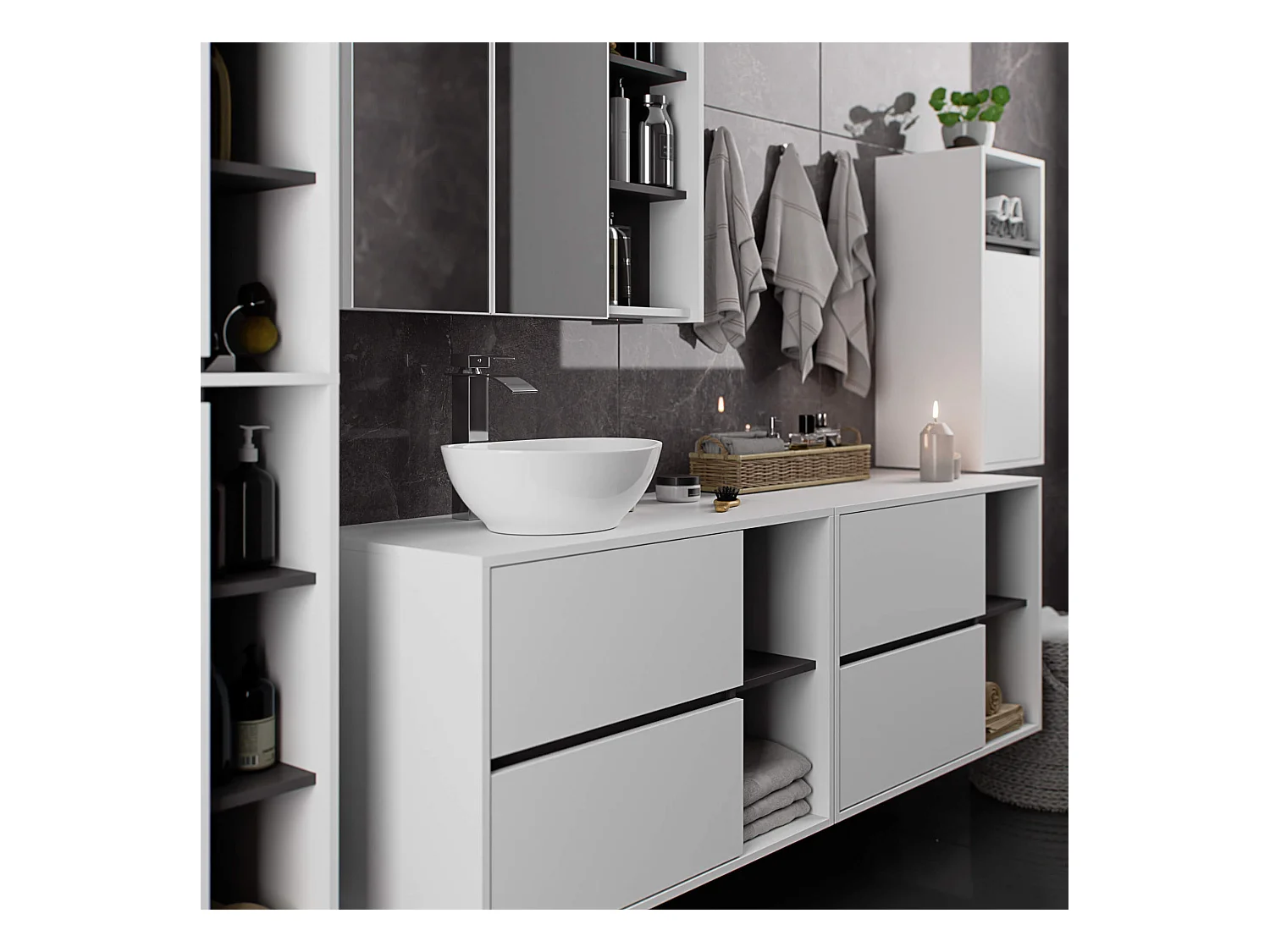 Meuble avec vasque à poser VAMI suspendu Blanche 90 cm 2 tiroirs intérieur Gris Graphite 2 étagères 90x45,5x60 cm