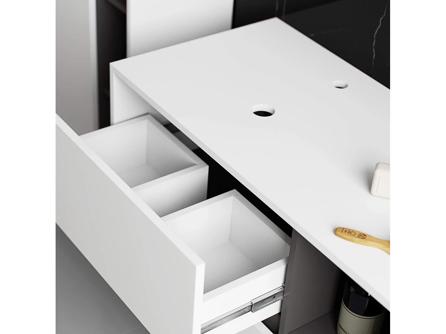 Meuble avec vasque à poser VAMI suspendu Blanche 90 cm 2 tiroirs intérieur Gris Graphite 2 étagères 90x45,5x60 cm