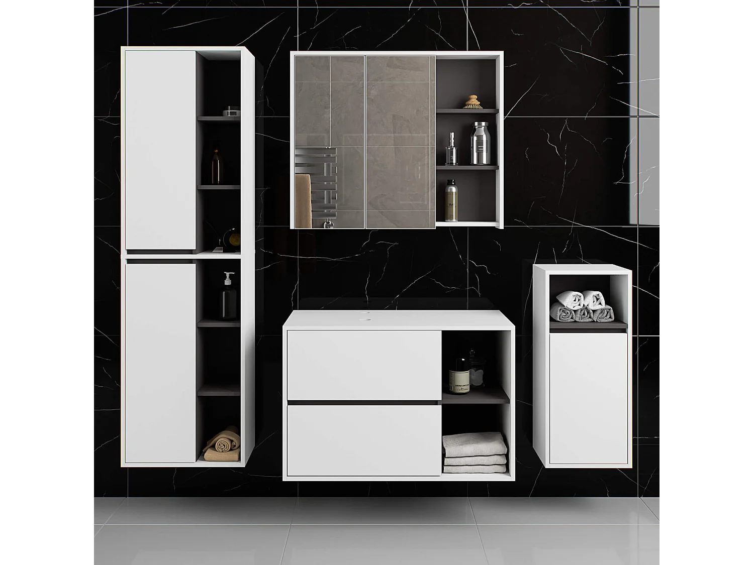 Meuble avec vasque à poser VAMI suspendu Blanche 90 cm 2 tiroirs intérieur Gris Graphite 2 étagères 90x45,5x60 cm