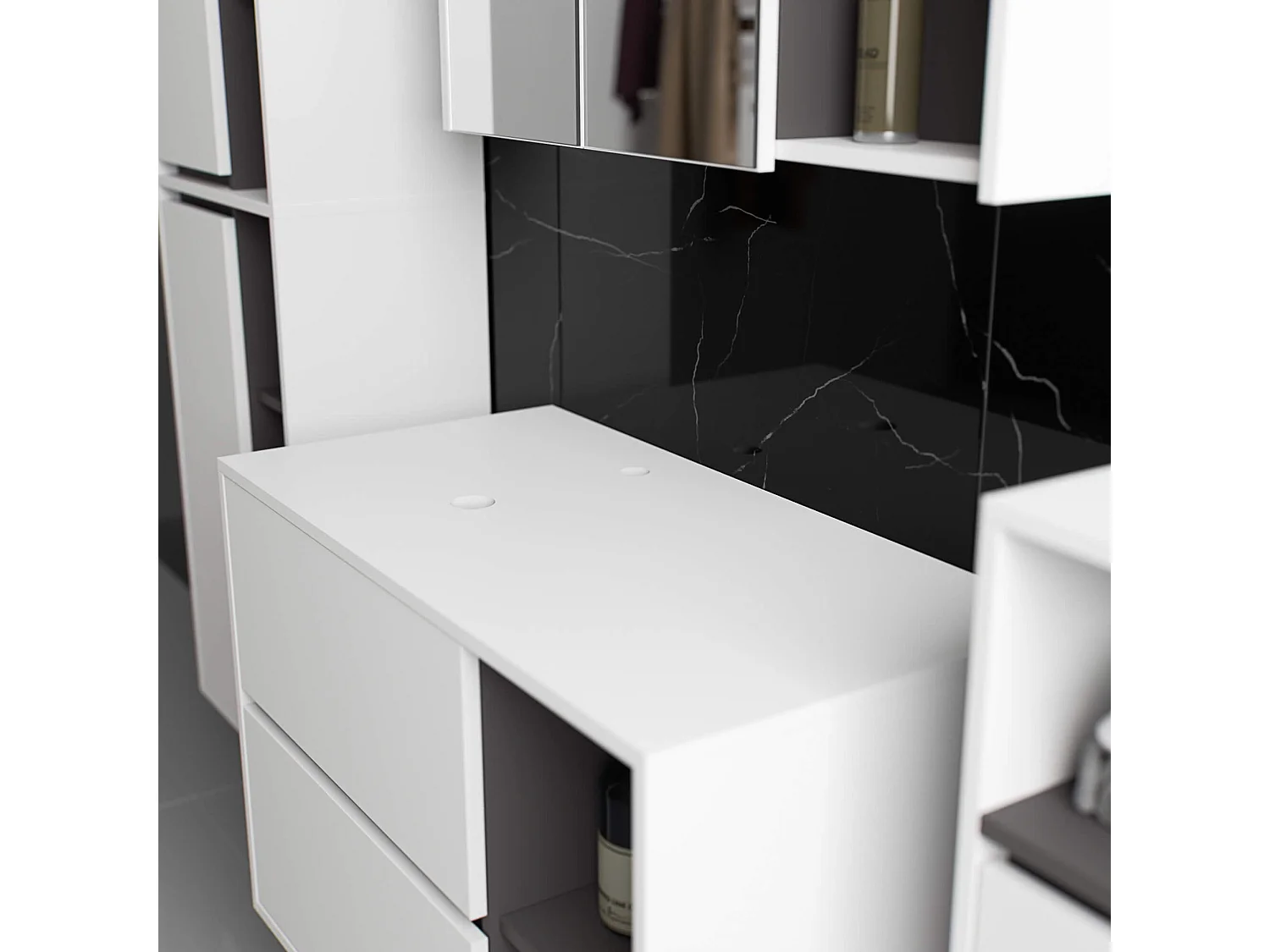 Meuble avec vasque à poser VAMI suspendu Blanche 90 cm 2 tiroirs intérieur Gris Graphite 2 étagères 90x45,5x60 cm