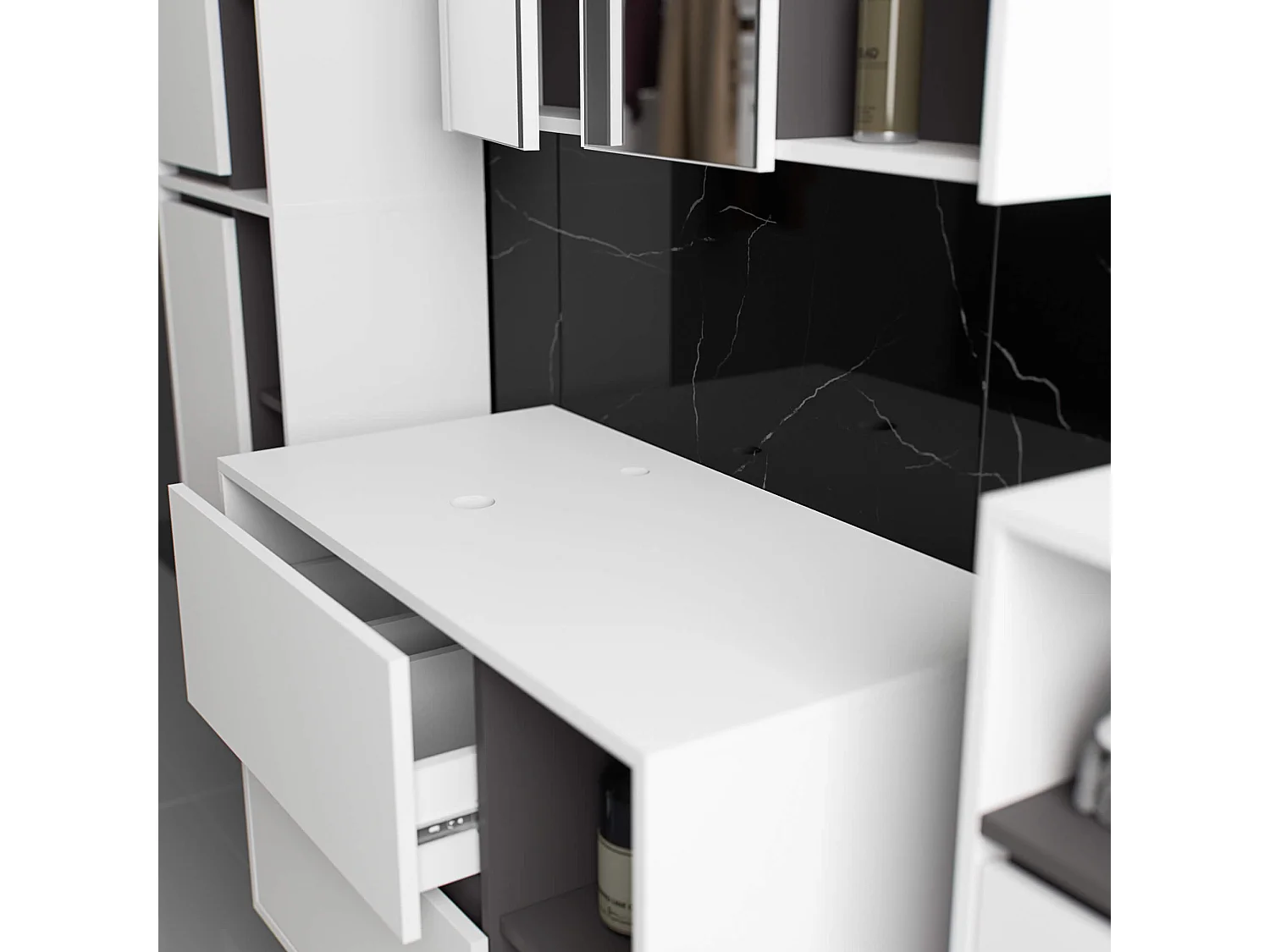 Meuble avec vasque à poser VAMI suspendu Blanche 90 cm 2 tiroirs intérieur Gris Graphite 2 étagères 90x45,5x60 cm