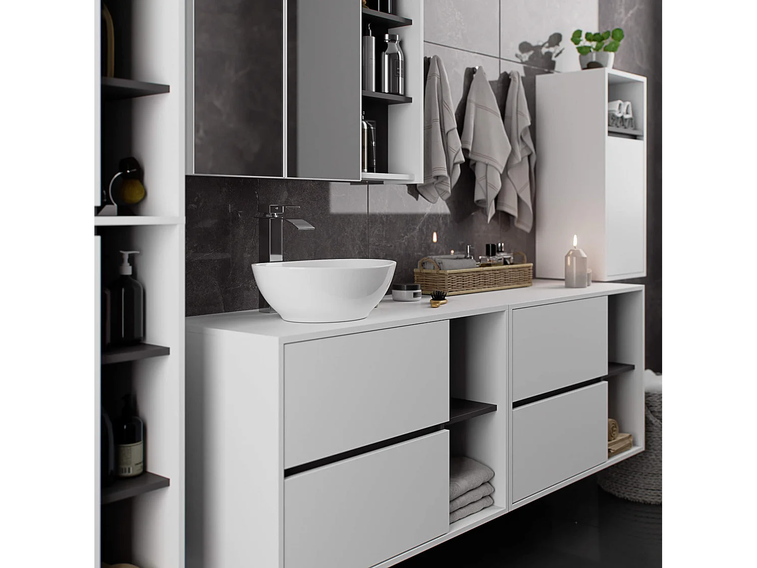 Meuble avec vasque à poser VAMI suspendu Blanche 90 cm 2 tiroirs intérieur Gris Graphite 2 étagères 90x45,5x60 cm