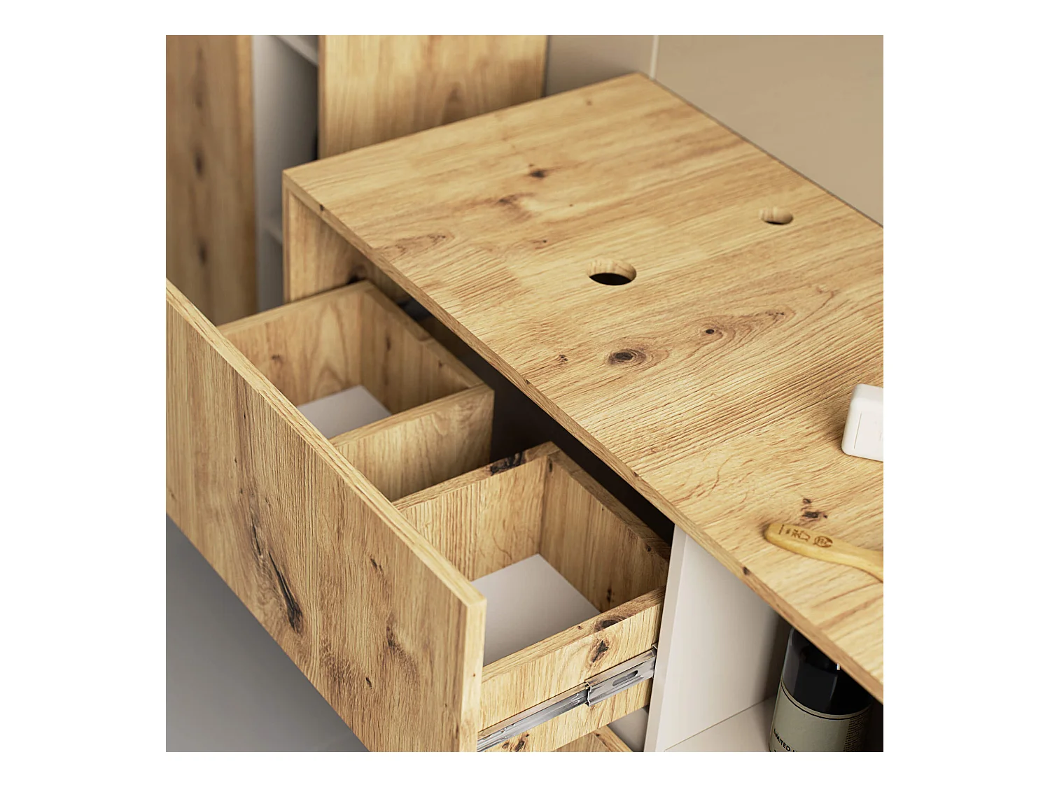 Meuble avec vasque à poser VAMI suspendu Chêne Artisan 90 cm 2 tiroirs intérieur Cachmire 2 étagères 90x45,5x60 cm