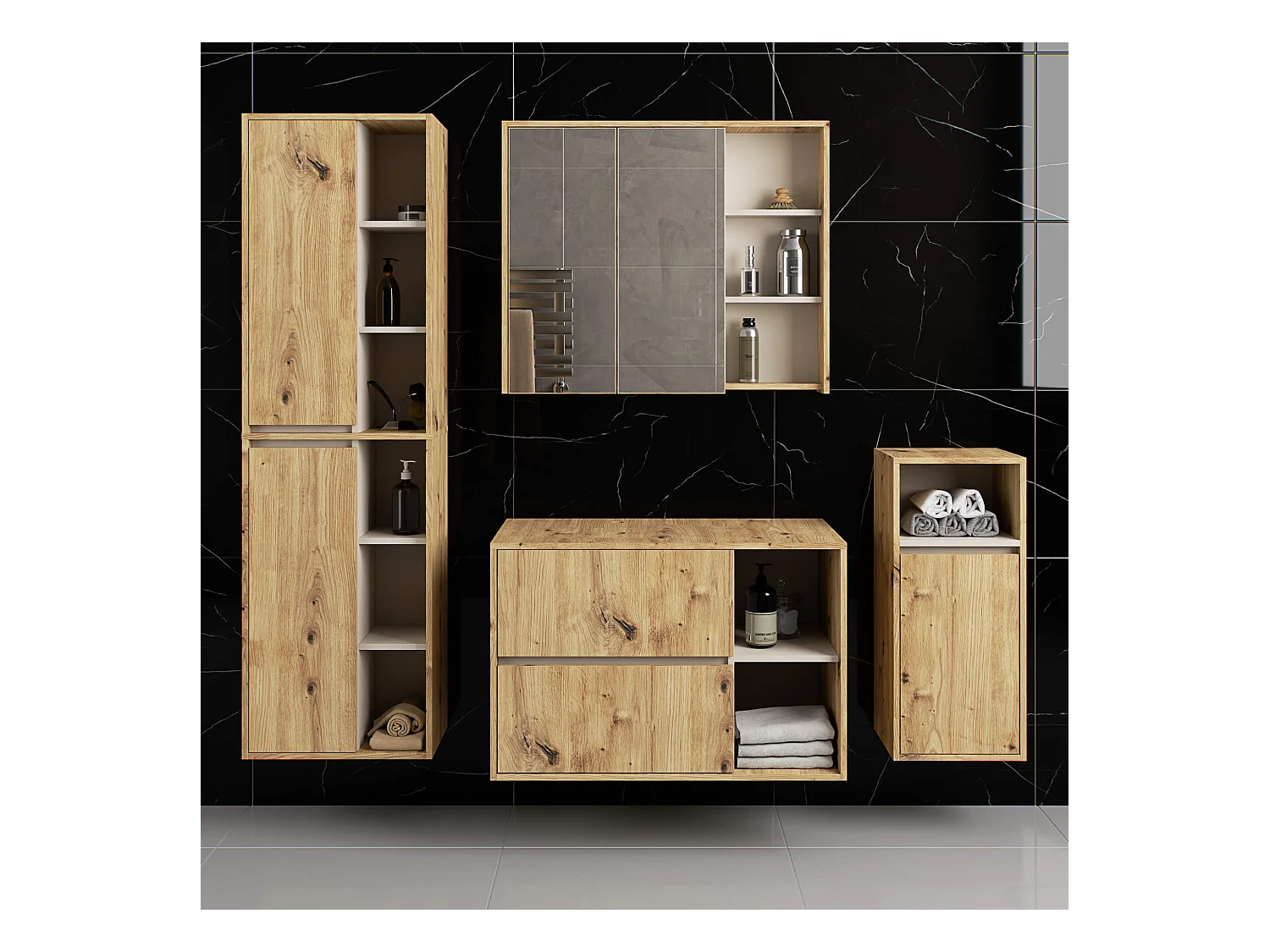 Meuble avec vasque à poser VAMI suspendu Chêne Artisan 90 cm 2 tiroirs intérieur Cachmire 2 étagères 90x45,5x60 cm