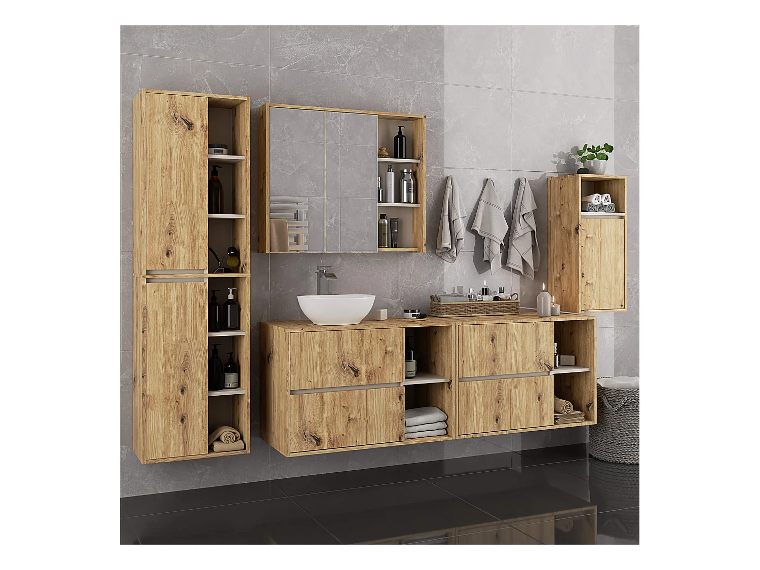 Meuble avec vasque à poser VAMI suspendu Chêne Artisan 90 cm 2 tiroirs intérieur Cachmire 2 étagères 90x45,5x60 cm