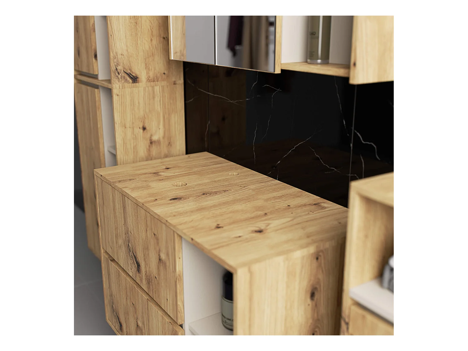 Meuble avec vasque à poser VAMI suspendu Chêne Artisan 90 cm 2 tiroirs intérieur Cachmire 2 étagères 90x45,5x60 cm