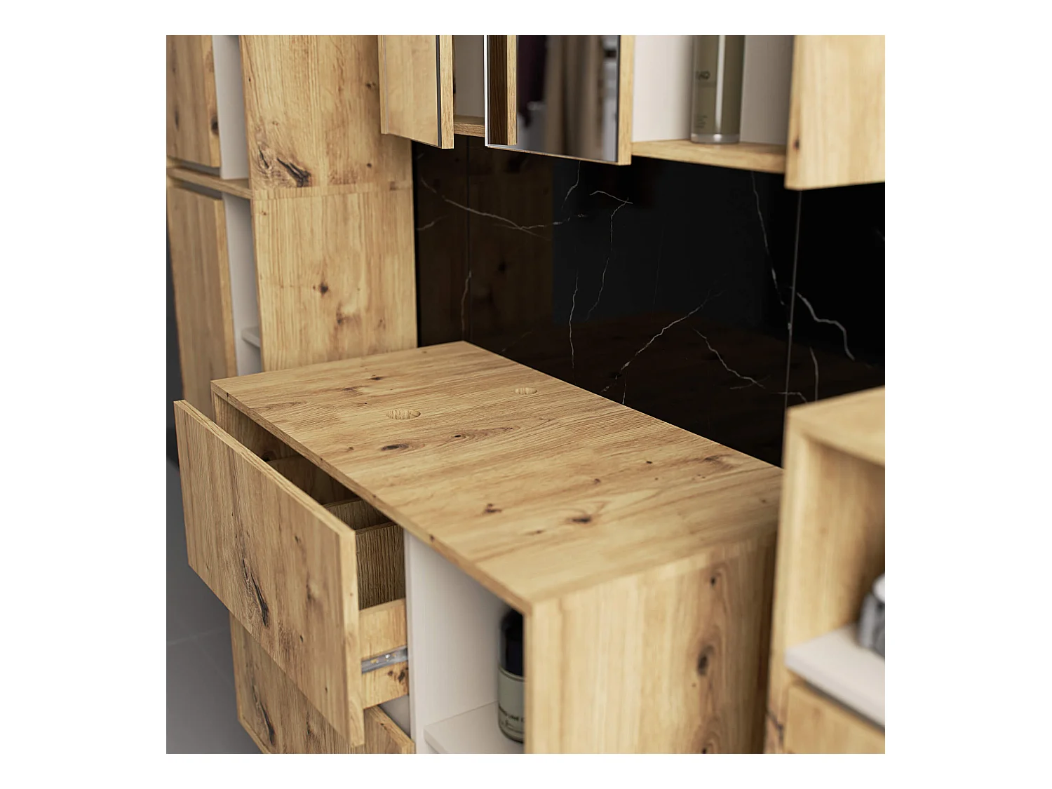 Meuble avec vasque à poser VAMI suspendu Chêne Artisan 90 cm 2 tiroirs intérieur Cachmire 2 étagères 90x45,5x60 cm