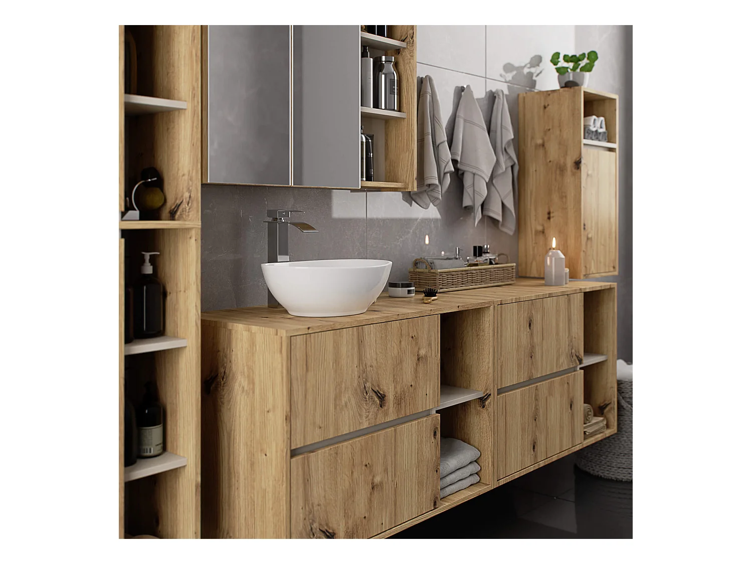 Meuble avec vasque à poser VAMI suspendu Chêne Artisan 90 cm 2 tiroirs intérieur Cachmire 2 étagères 90x45,5x60 cm