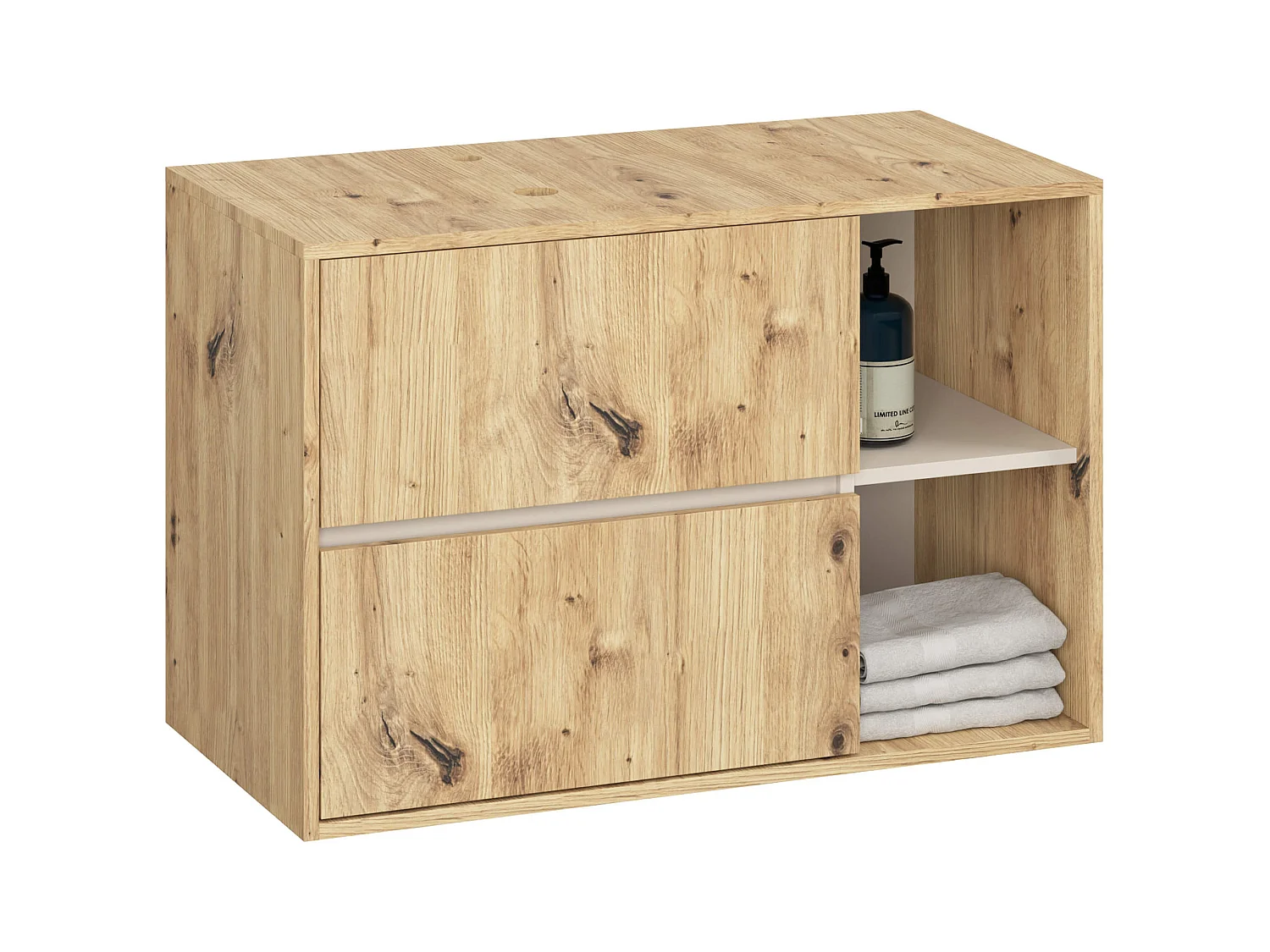 Meuble avec vasque à poser VAMI suspendu Chêne Artisan 90 cm 2 tiroirs intérieur Cachmire 2 étagères 90x45,5x60 cm