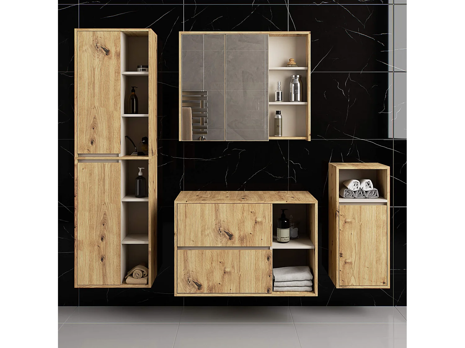 Mobile bagno sospeso con lavabo VAMI Rovere Artisan 90 cm 2 cassetti Colore interno Cashmere 2 ripiani 90x45,5x60 cm