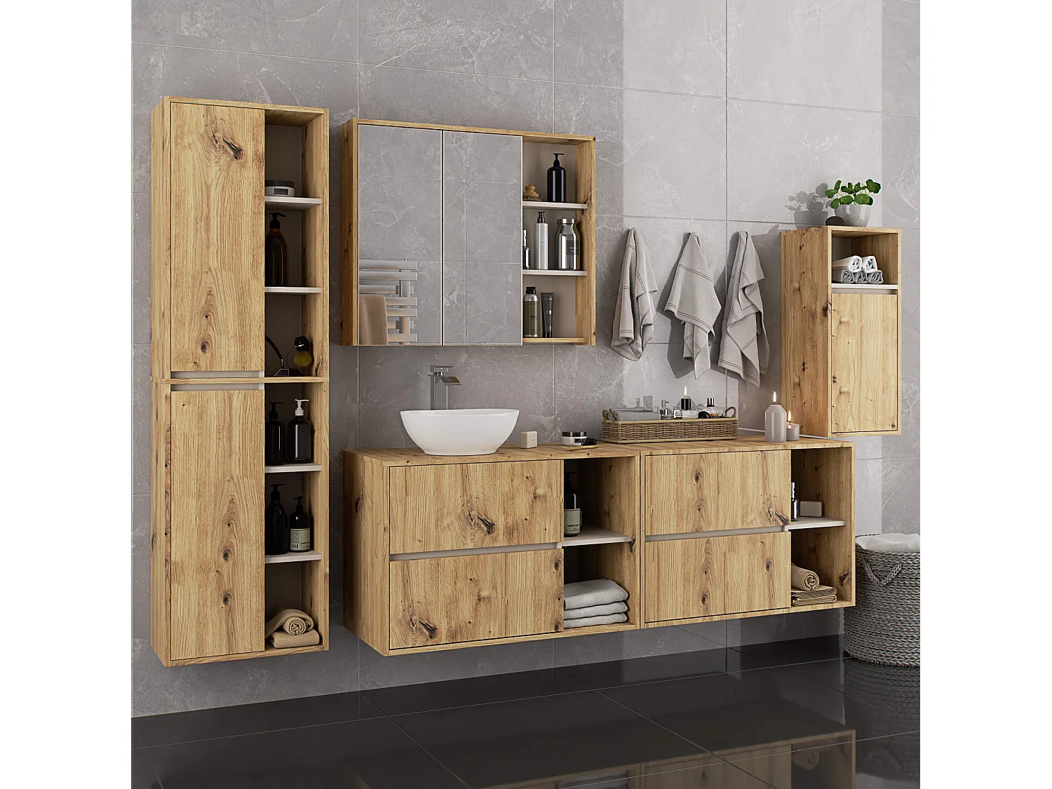 Mobile bagno sospeso con lavabo VAMI Rovere Artisan 90 cm 2 cassetti Colore interno Cashmere 2 ripiani 90x45,5x60 cm