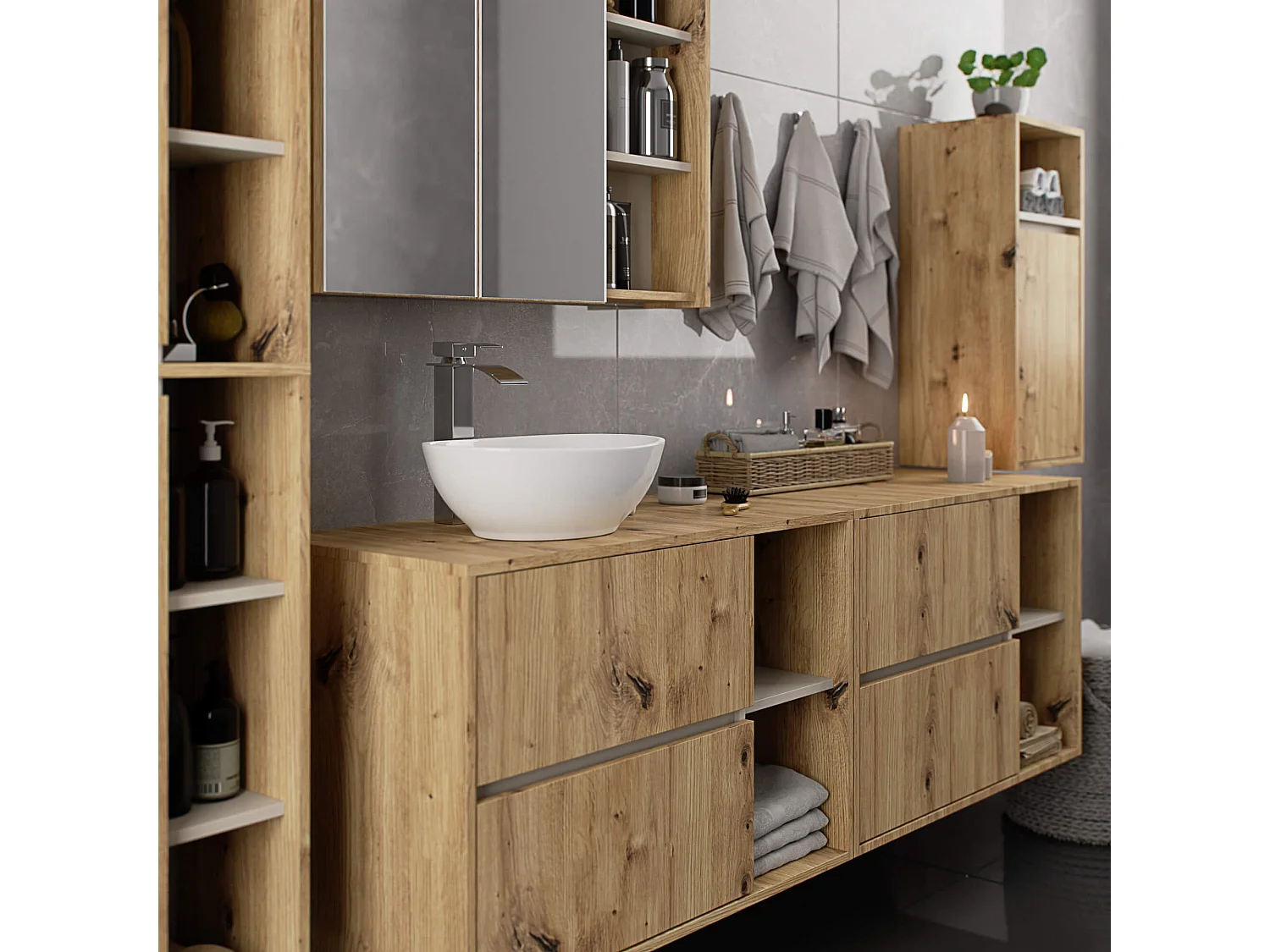 Mobile bagno sospeso con lavabo VAMI Rovere Artisan 90 cm 2 cassetti Colore interno Cashmere 2 ripiani 90x45,5x60 cm
