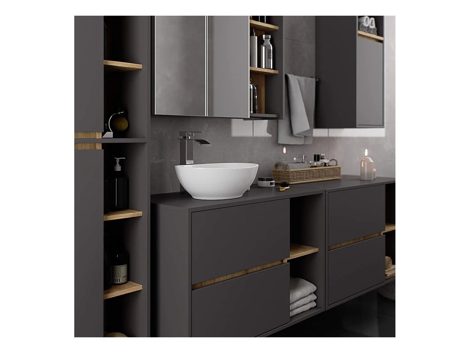 Hängender Waschbeckenunterschrank VAMI für Waschbecken Graphitgrau, Artisan Eiche 90 cm 2 Schubladen B90xH60xT45,5 cm