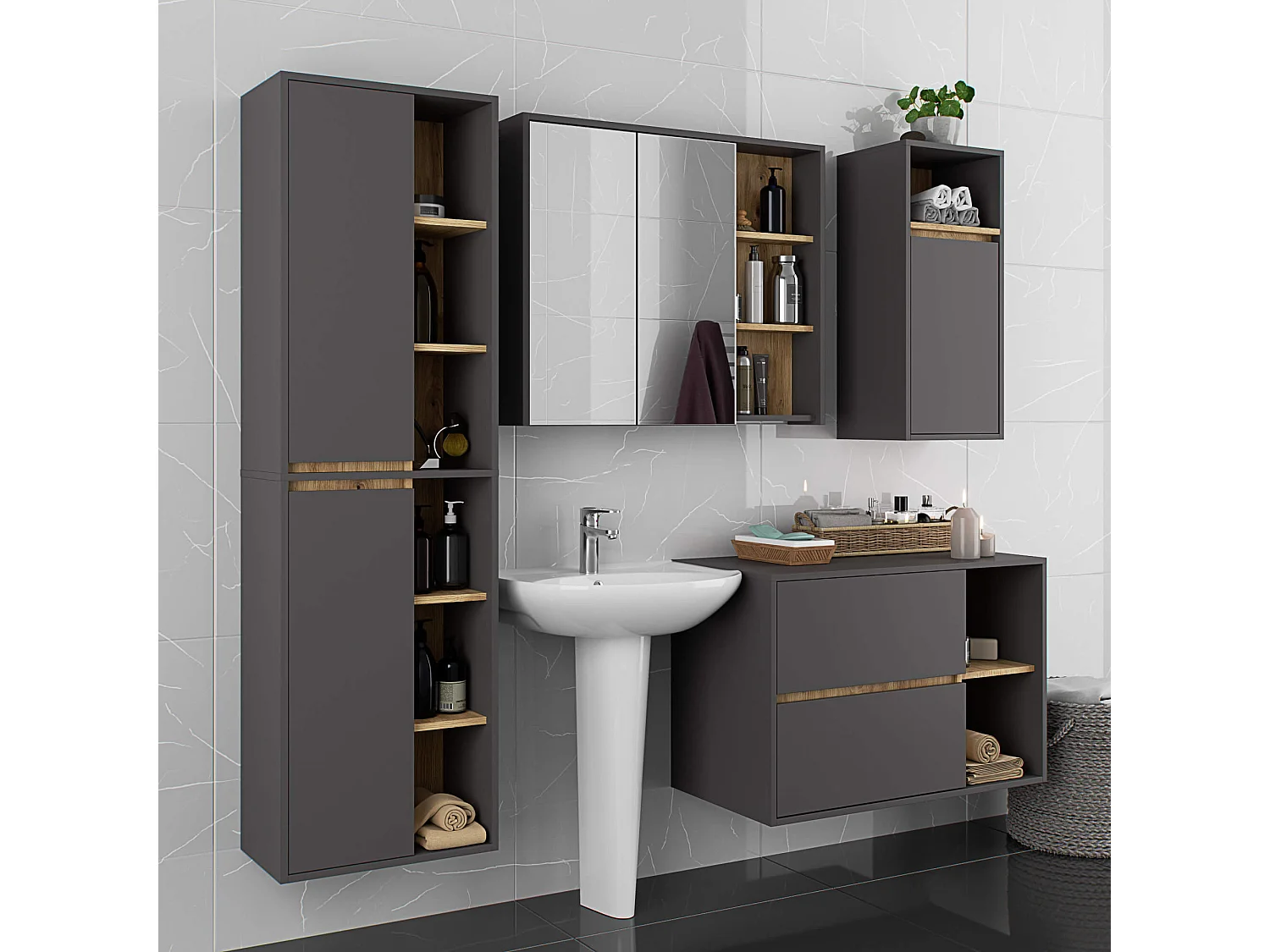 Meuble salle de bains VAMI suspendu sans vasque Gris Graphite et Chêne Artisan 90 cm 2 tiroirs 2 étagères 90x45,5x60 cm