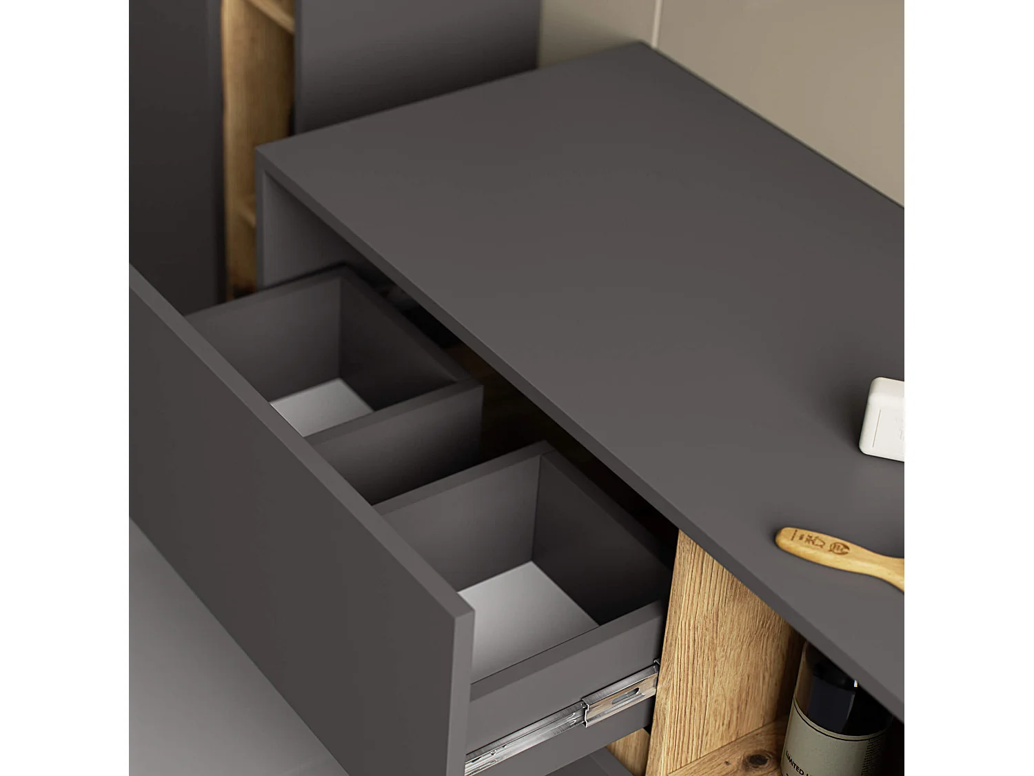 Meuble salle de bains VAMI suspendu sans vasque Gris Graphite et Chêne Artisan 90 cm 2 tiroirs 2 étagères 90x45,5x60 cm