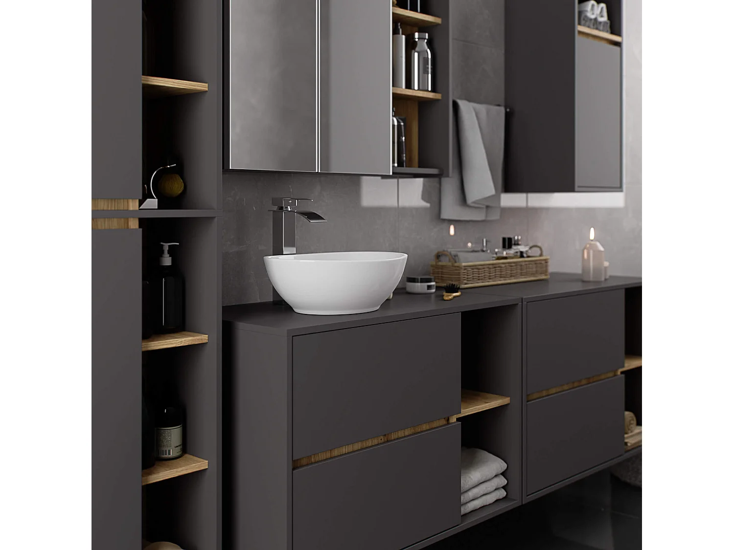 Meuble salle de bains VAMI suspendu sans vasque Gris Graphite et Chêne Artisan 90 cm 2 tiroirs 2 étagères 90x45,5x60 cm