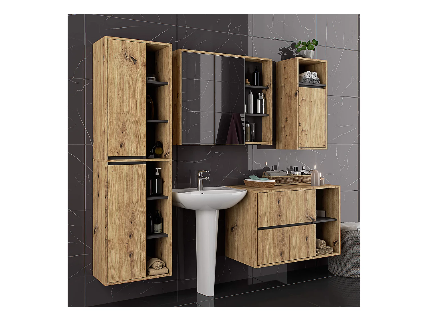 Hängender Waschbeckenunterschrank VAMI für Waschbecken Artisan Eiche, Graphitgrau 90 cm 2 Schubladen B90xH60xT45,5 cm