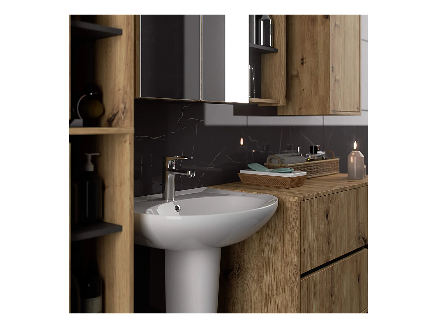 Hängender Waschbeckenunterschrank VAMI für Waschbecken Artisan Eiche, Graphitgrau 90 cm 2 Schubladen B90xH60xT45,5 cm