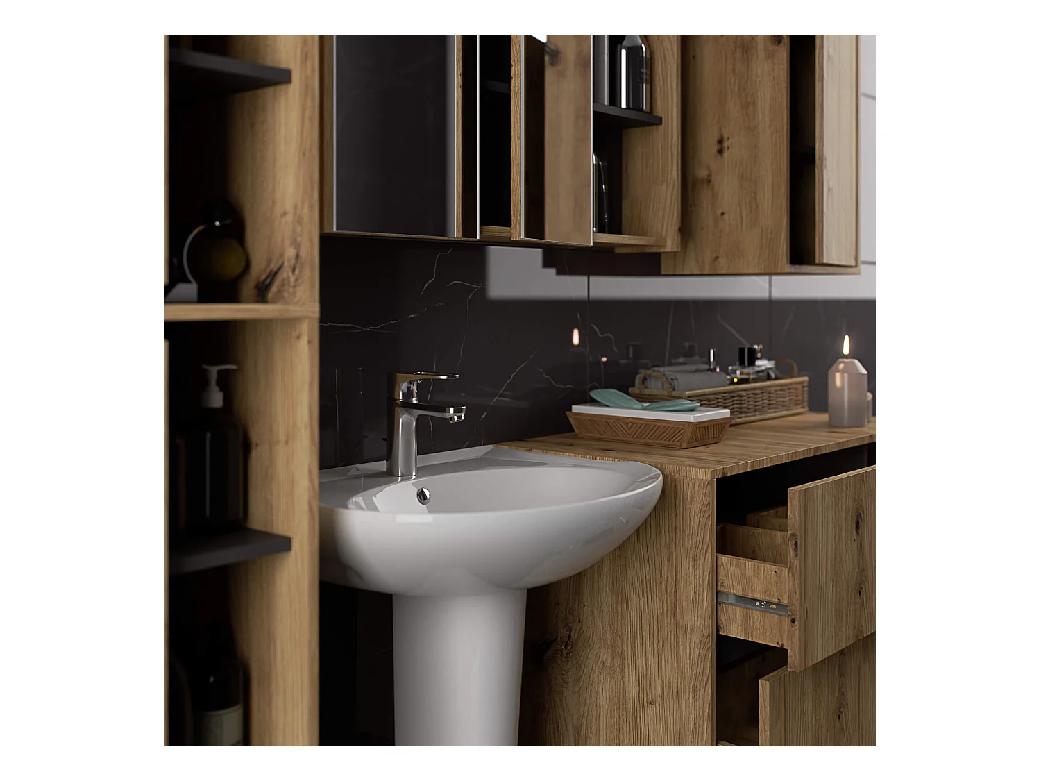 Hängender Waschbeckenunterschrank VAMI für Waschbecken Artisan Eiche, Graphitgrau 90 cm 2 Schubladen B90xH60xT45,5 cm