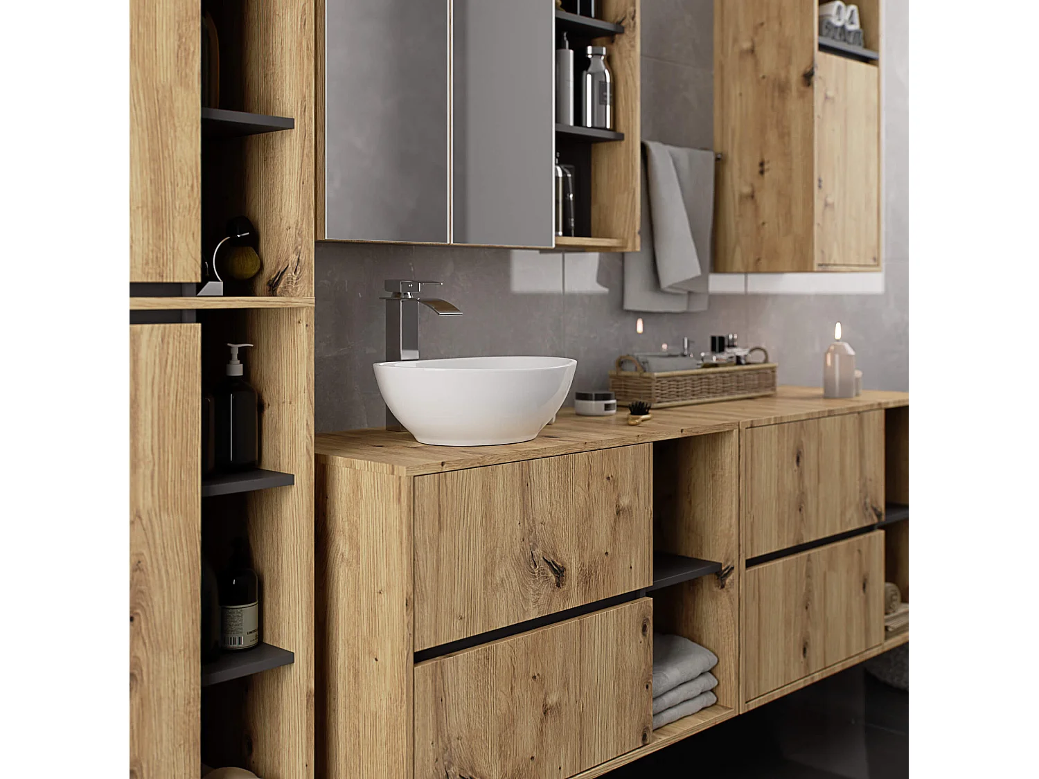 Hangende Wastafel Onderkast VAMI W90 / Wastafel Onderbouw Kast / Badkamer Kastje / Artisan Eik - Grafietgrijs / AKORD Furniture Factory / 90x60x45,5 cm