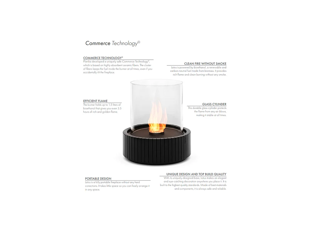 Planika - Cheminée bioéthanol portable de table Lotus avec technologie Commerce, verre cylindrique