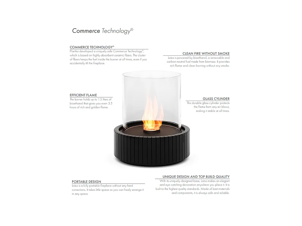 Planika - Biocamino da Tavolo Lotus Caminetto a Bioetanolo Portatile con Tecnologia Commerce, Cilindrico in Vetro