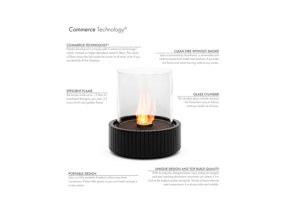 Planika - Lotus Tafelmodel Biohaard Draagbare Bio-ethanol Haard met Commerce Technologie, Cilindrisch Glas