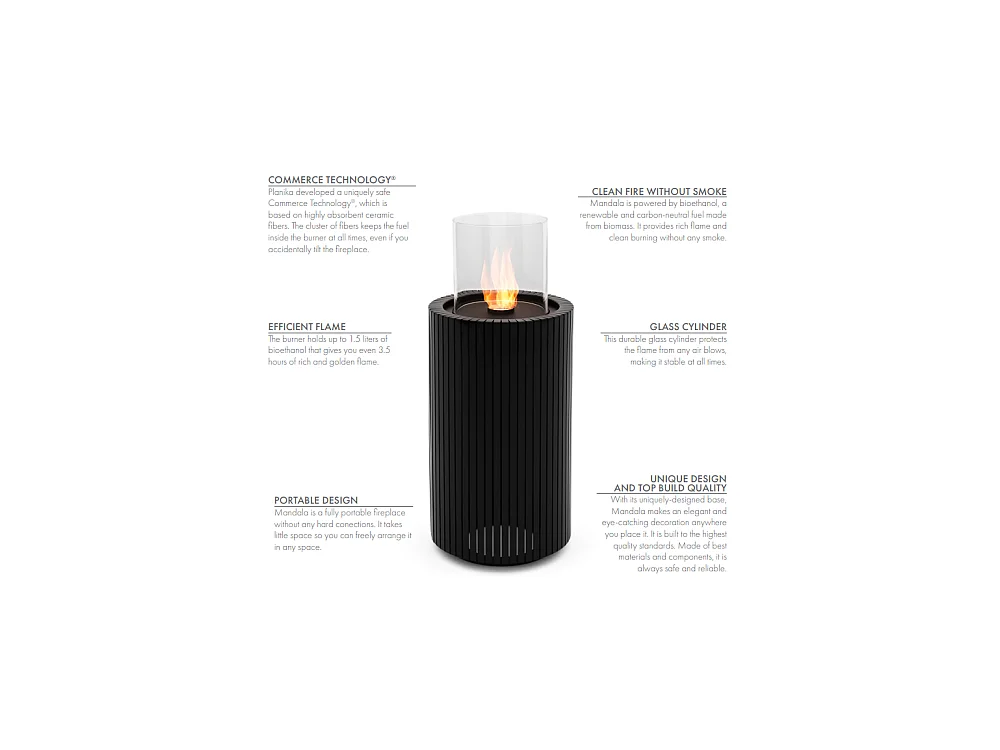 Planika - Cheminée bioéthanol portable Mandala Biofireplace avec technologie Commerce, verre cylindrique noir