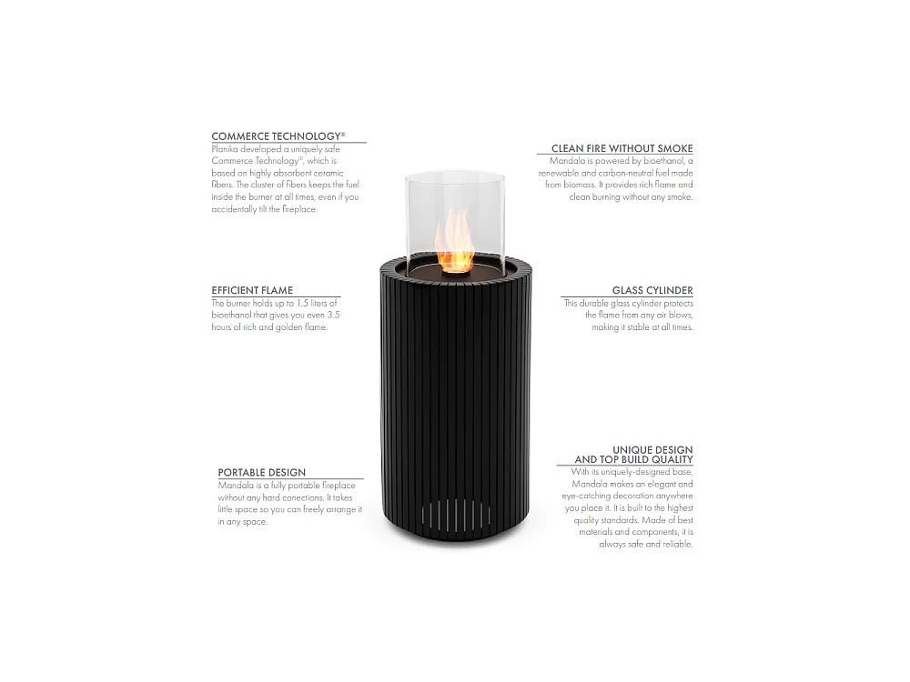 Planika - Cheminée bioéthanol portable Mandala Biofireplace avec technologie Commerce, verre cylindrique noir