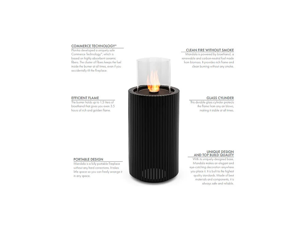 Planika - Mandala Biofireplace przenośny kominek bioetanolowy z technologią Commerce, czarne szkło cylindryczne