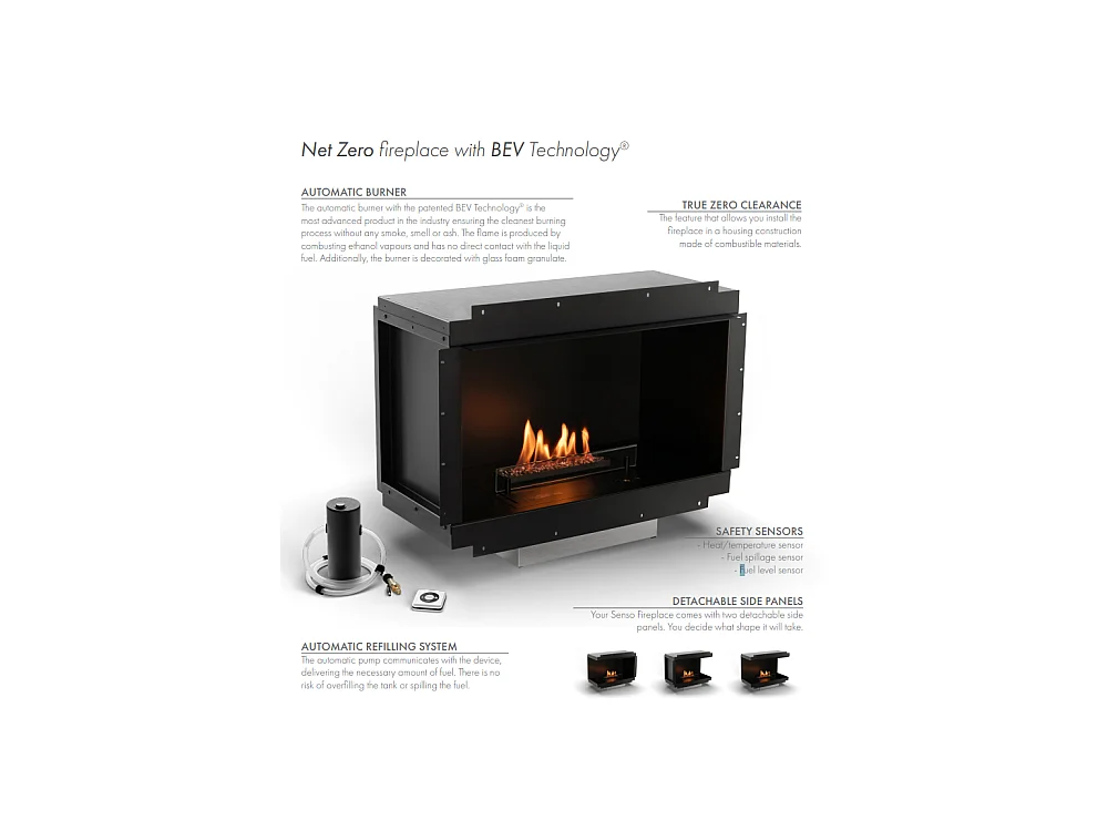 Planika - Senso Fireplace BEV Cheminée bioéthanol sans conduit, télécommande, acier, panneaux latéraux amovibles