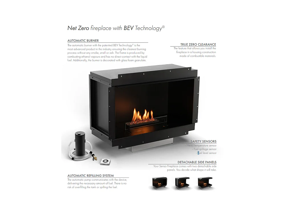 Planika - Camino a Bioetanolo Senso Fireplace BEV Senza Canna Fumaria, Controllo Remoto, Acciaio, Pannelli laterali smontabili