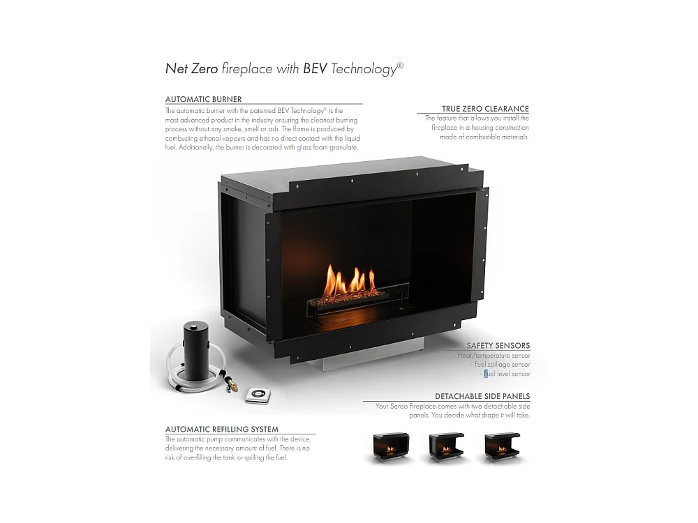 Planika - Senso Fireplace BEV Cheminée bioéthanol sans conduit, télécommande, acier, panneaux latéraux amovibles