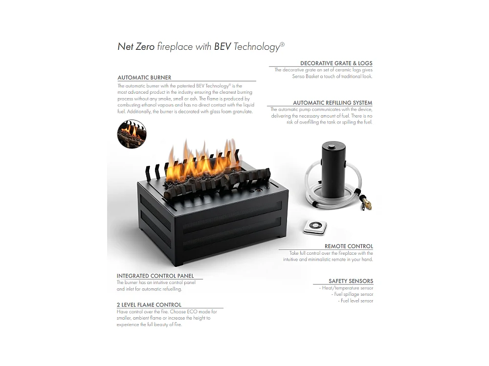 Planika - Senso Basket BEV Ventless Bio-ethanolbrander, afstandsbediening, echte vlam, staal