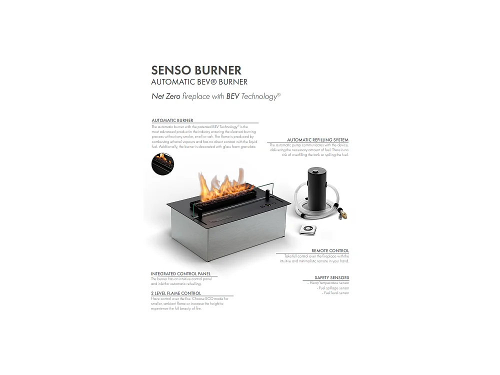Planika - Brûleur bioéthanol sans conduit Senso Burner BEV, télécommande, flamme réelle, acier